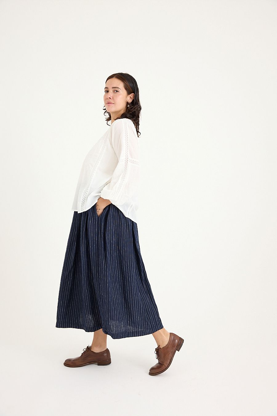 Sydney Linen Skirt- Navy Pinstripe