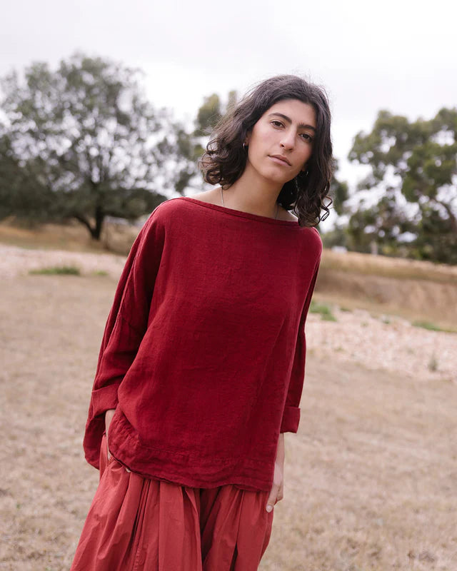 Metta Melbourne Sailor Linen Top in Merlot