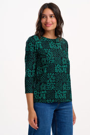 Sugarhill Brighton Noor Jersey Top in Doodle Checkerboard Print Green