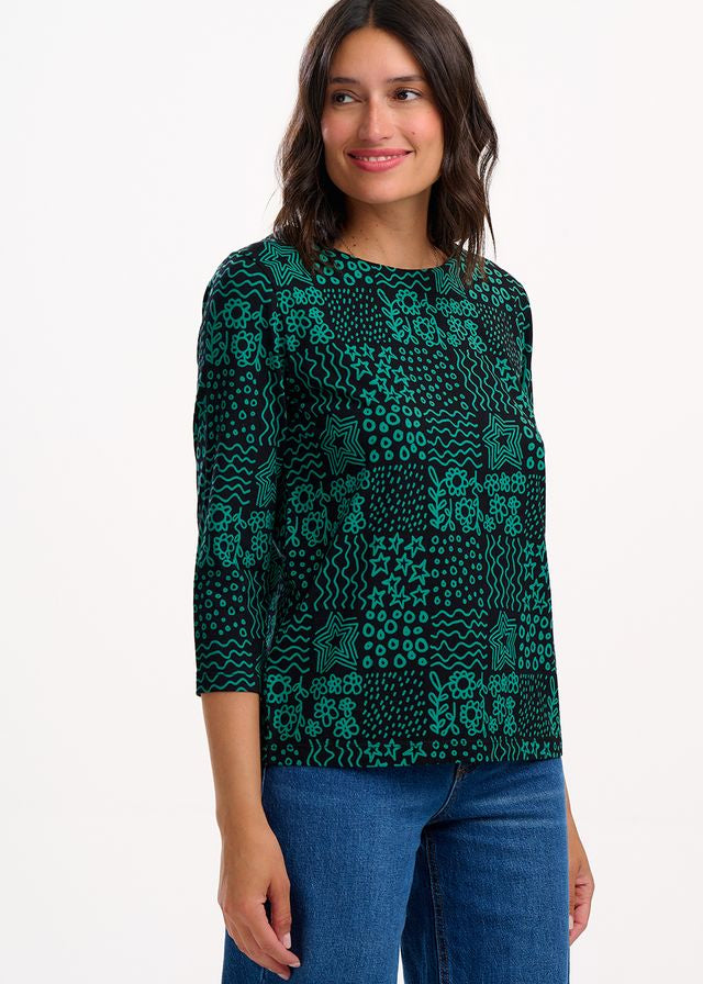 Sugarhill Brighton Noor Jersey Top in Doodle Checkerboard Print Green