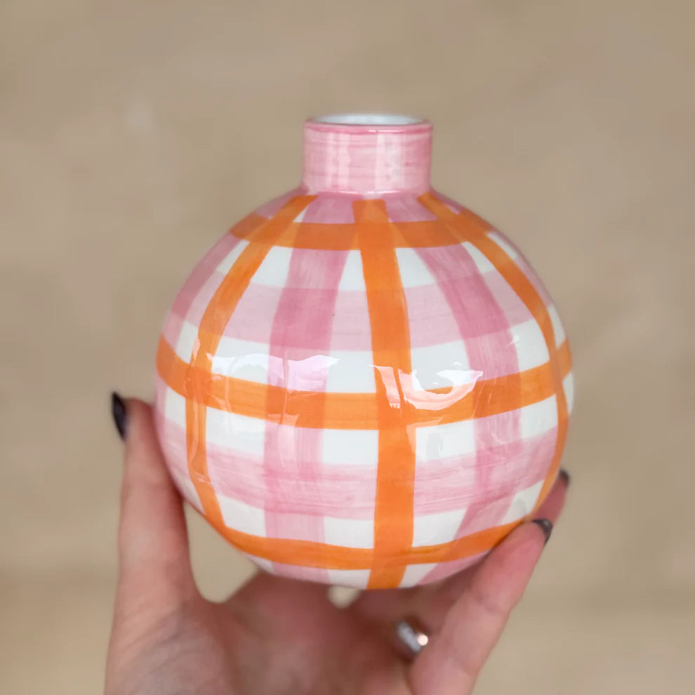 Noss & Co Round Bud Vase in Pink & Orange Gingham