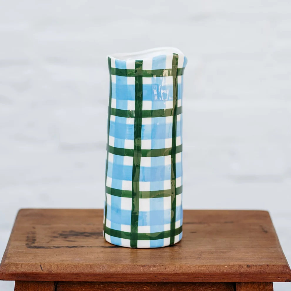 Noss & Co Medium Ceramic Vase in Cornflower Blue & Green Gingham