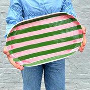 Oval Platter- Pink & Dark Green Stripes