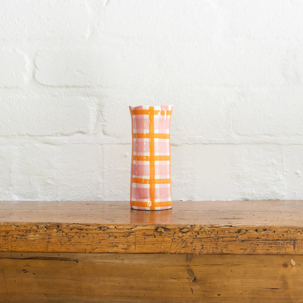 Noss & Co Small Ceramic Vase in Pink & orange Gingham