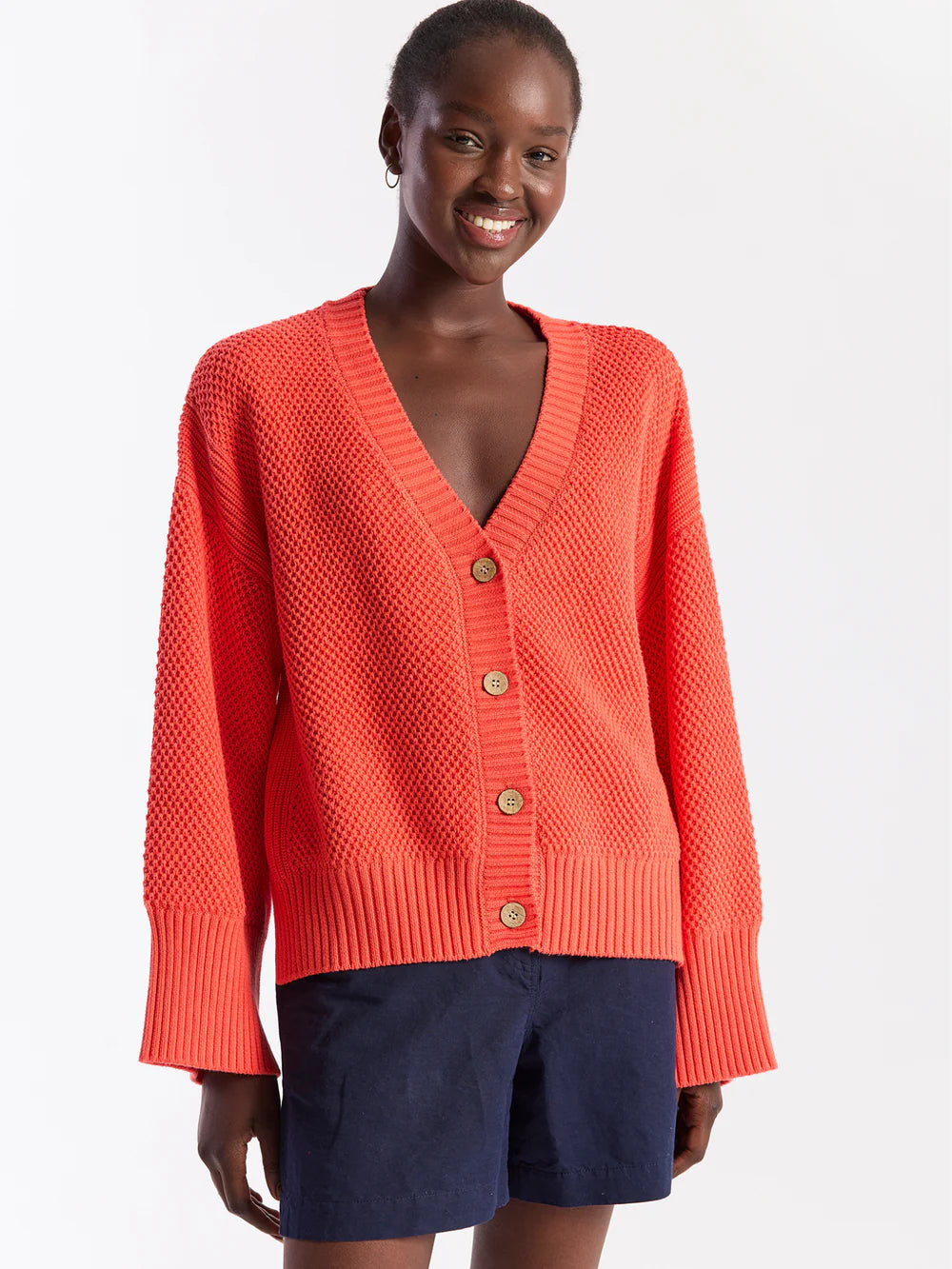 WISPR Pointelle Stitch Detail Cardi in Hot Coral
