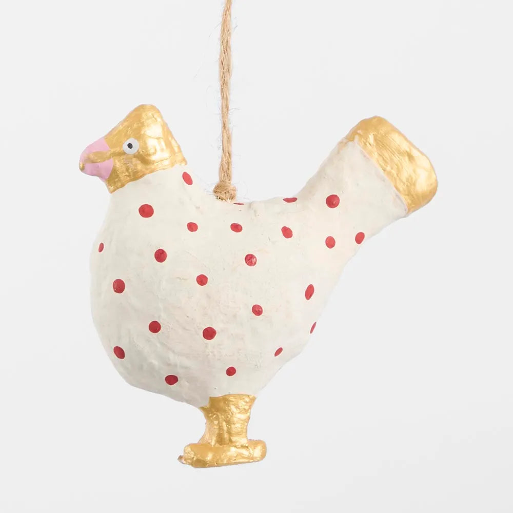 Vixen & Velvet Red Spotty Mache Chicken Tree Decoration