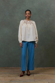 Riya Embroidered Blouse-Cream