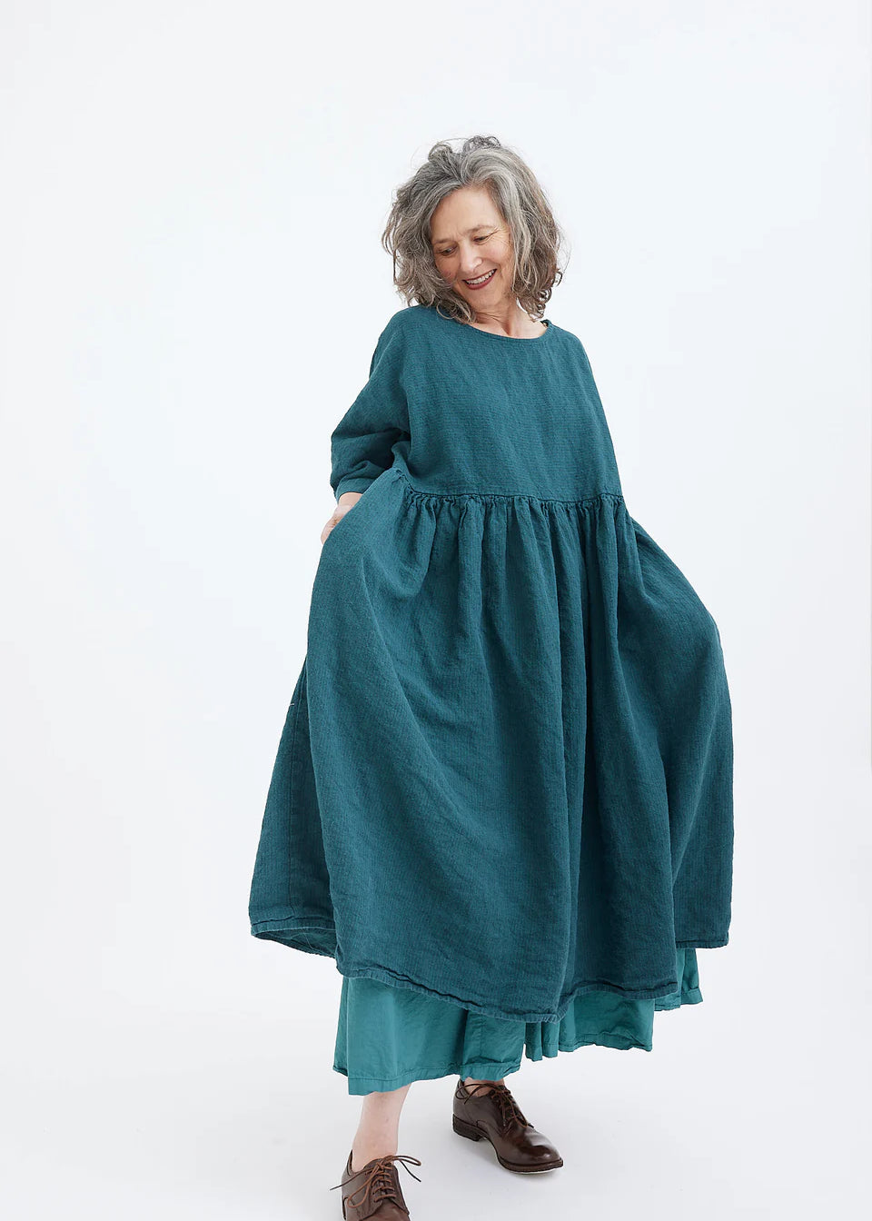 Metta Melbourne Picnic Dress in Pebble Stripe Jade Linen