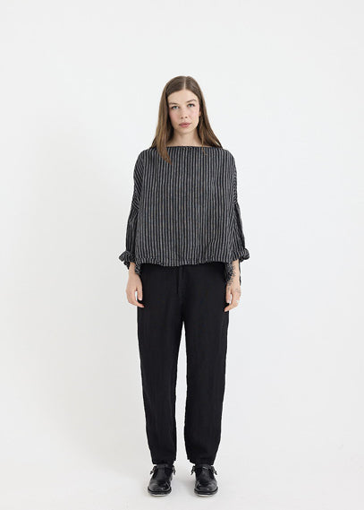 Metta Melbourne Sailor Boxy Top in Black Ticking Stripe Linen