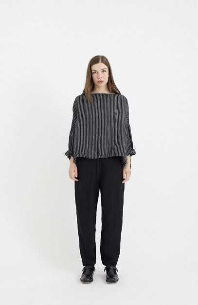 Metta Melbourne Sailor Boxy Top in Black Ticking Stripe Linen