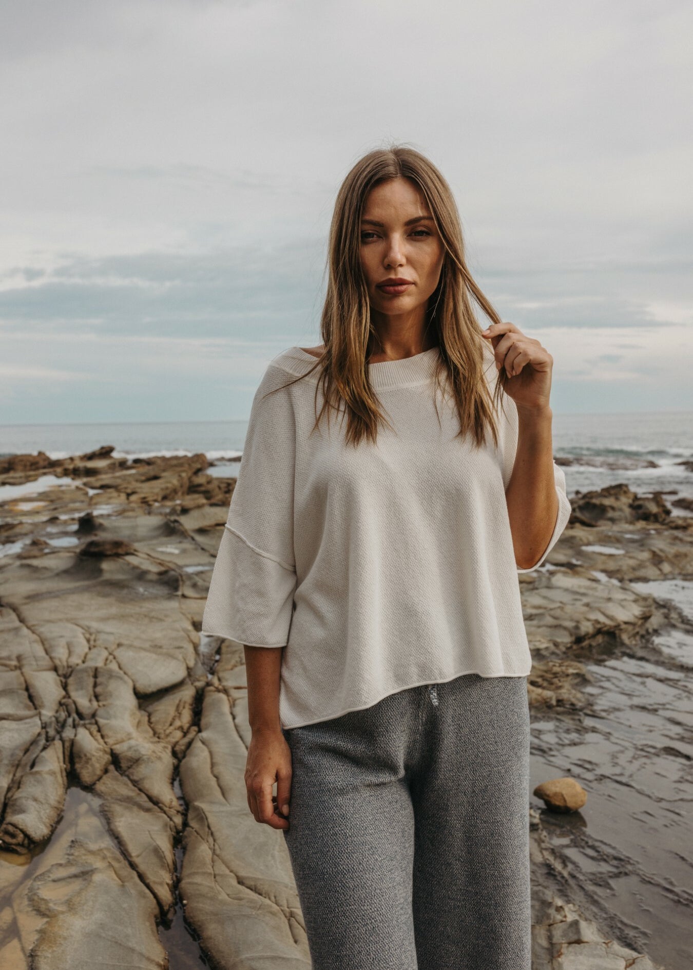 Talamaya Retreat Cotton Twist Tee Pullover in Salt