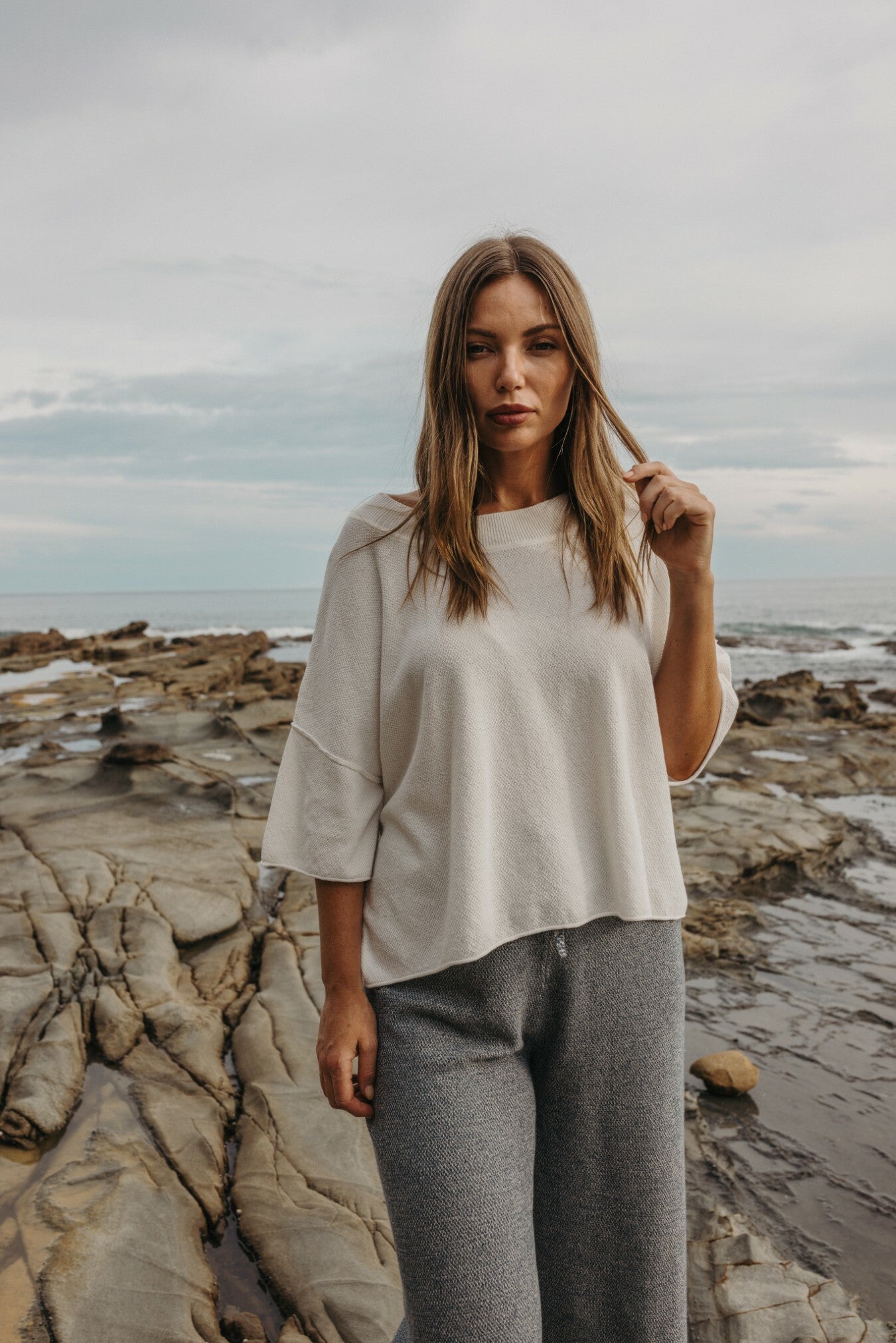 Talamaya Retreat Cotton Twist Tee Pullover in Salt