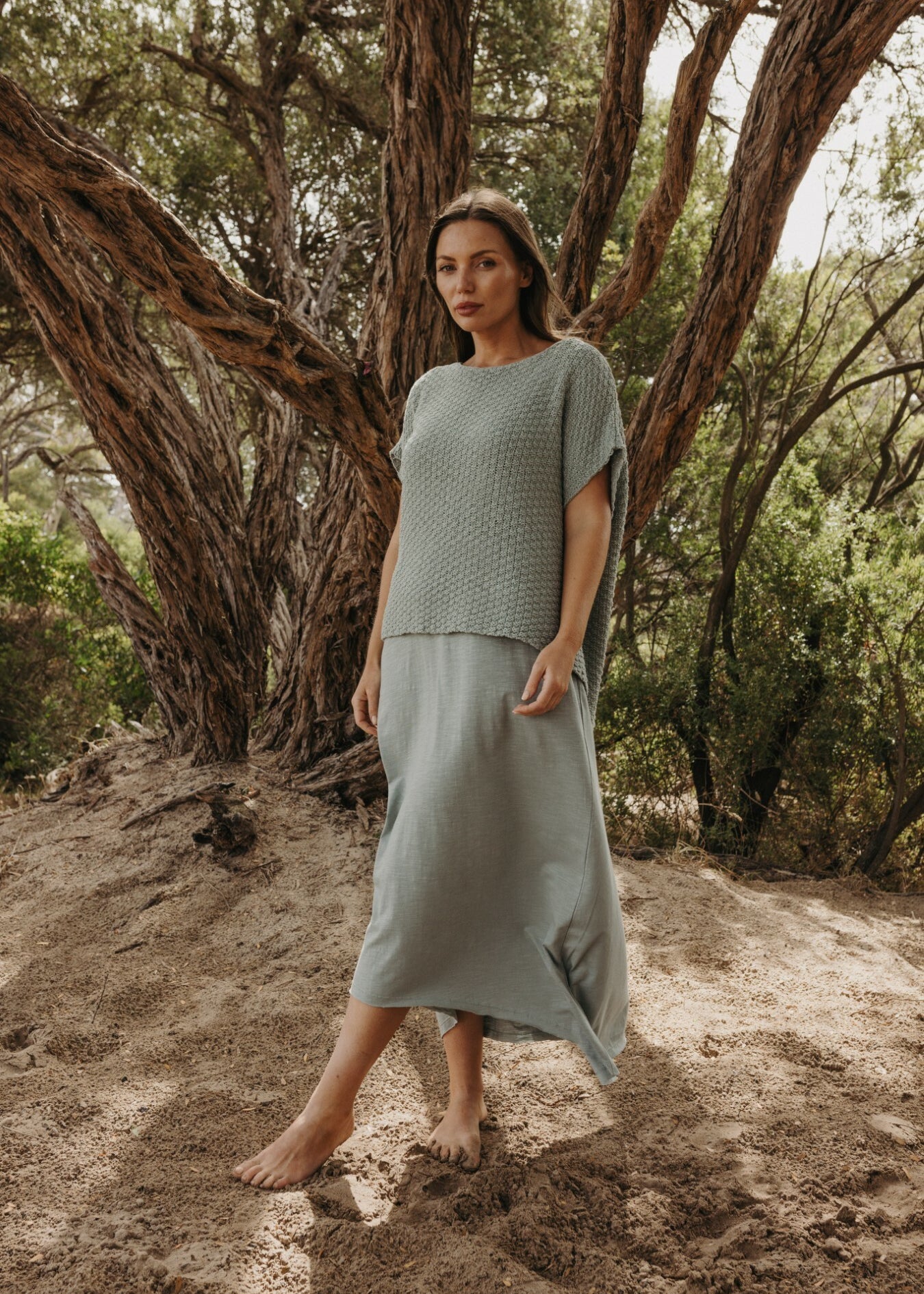 Talamaya Ladder Shortsleeve Pullover in Thyme