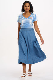 Sugarhill Brighton Khloe V Neck TShirt in Blue/White Stripe
