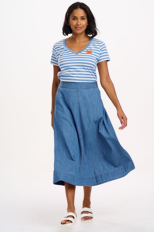 Sugarhill Brighton Khloe V Neck TShirt in Blue/White Stripe