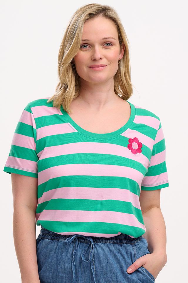 Sugarhill Brighton Sylvie Scoop Neck T-Shirt in Green/Pink Stripe