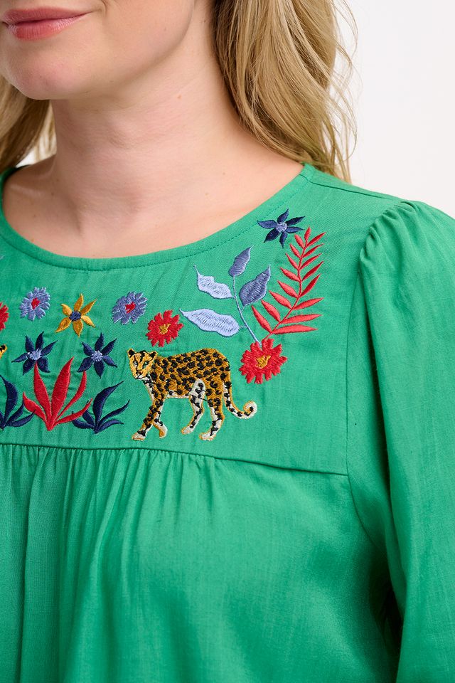 Hyma Embroidered Top- Green Leopard