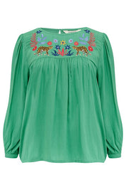 Hyma Embroidered Top- Green Leopard