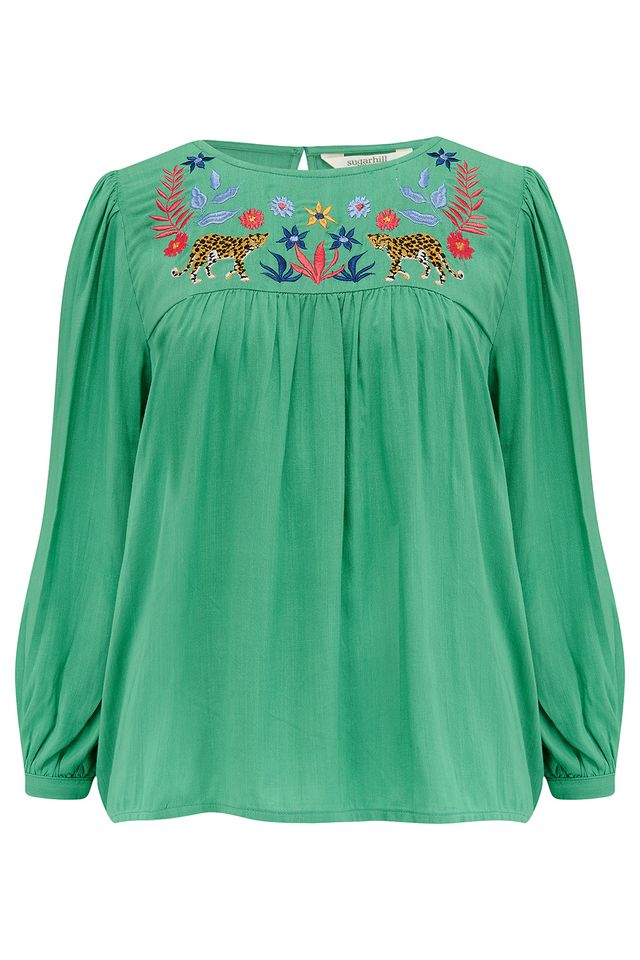 Hyma Embroidered Top- Green Leopard