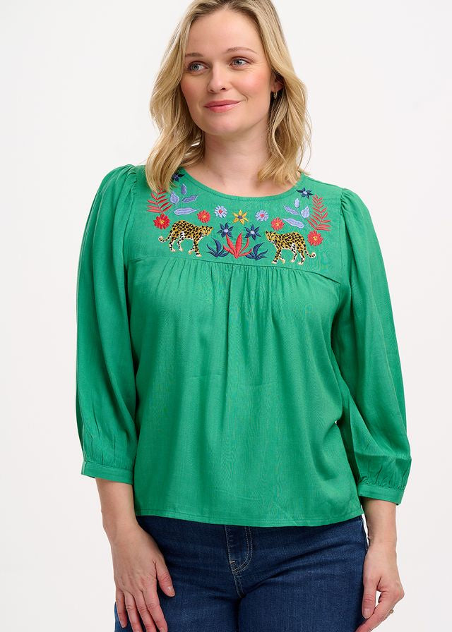 Sugarhill Brighton Hyma Embroidered Blouse in Green Leopard