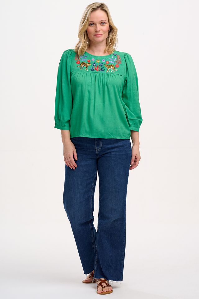 Hyma Embroidered Top- Green Leopard