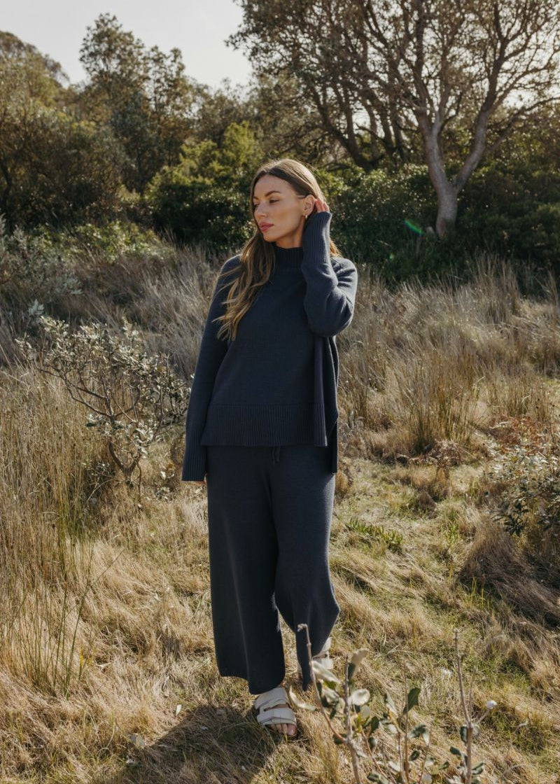 Talamaya Harmony Merino Cotton Mock Neck Pullover in Lake