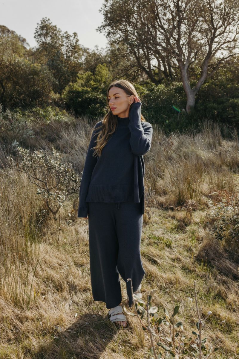 Talamaya Harmony Merino Cotton Mock Neck Pullover in Lake