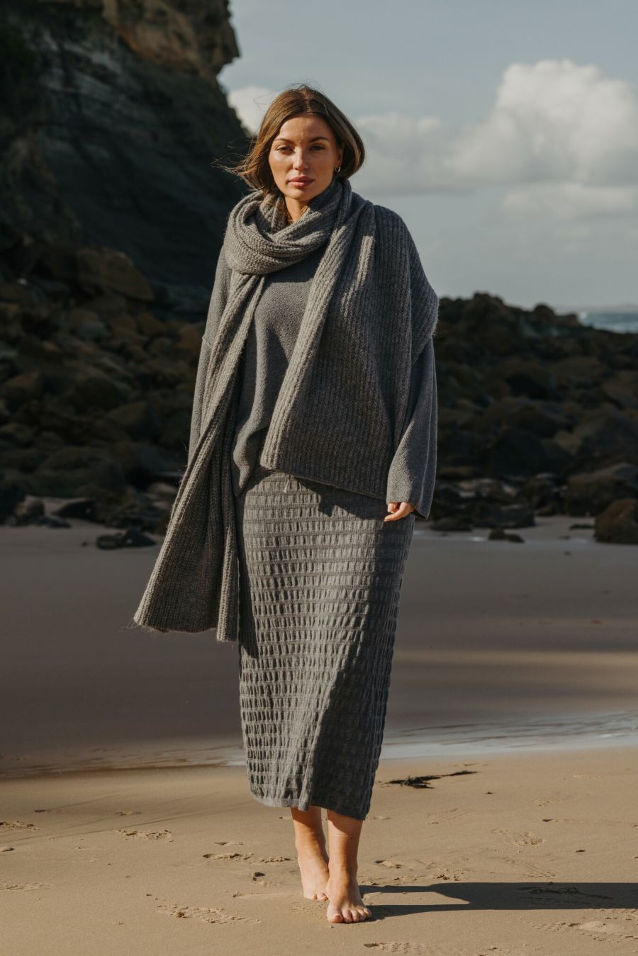 Talamaya Waves Merino Cotton Pleat Skirt in Ash