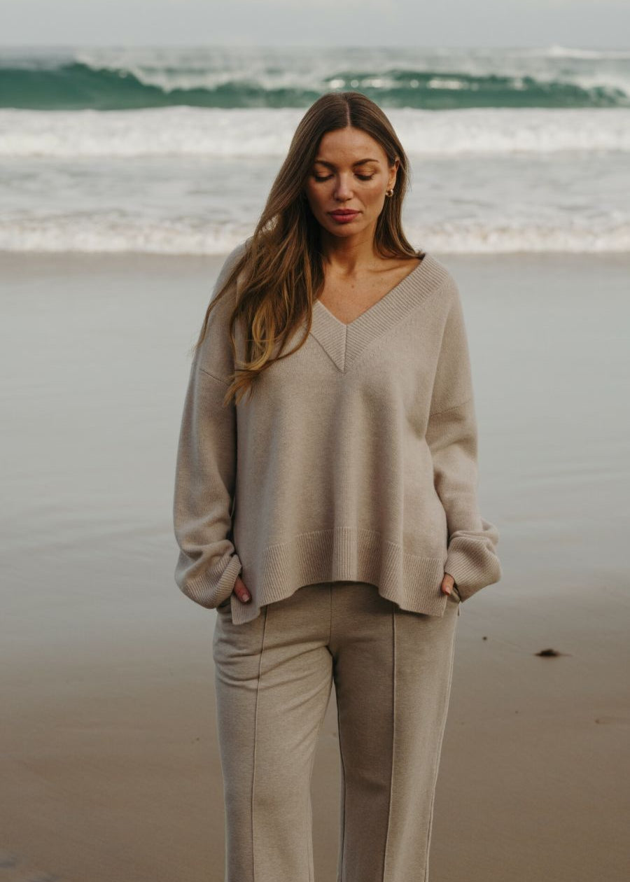 Talamaya Haven Merino V Pullover in Wheat