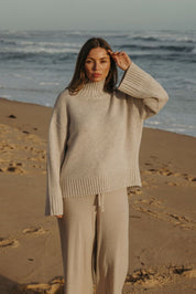 Talamaya Elevate Mock Merino Cashmere Pullover in Buckwheat
