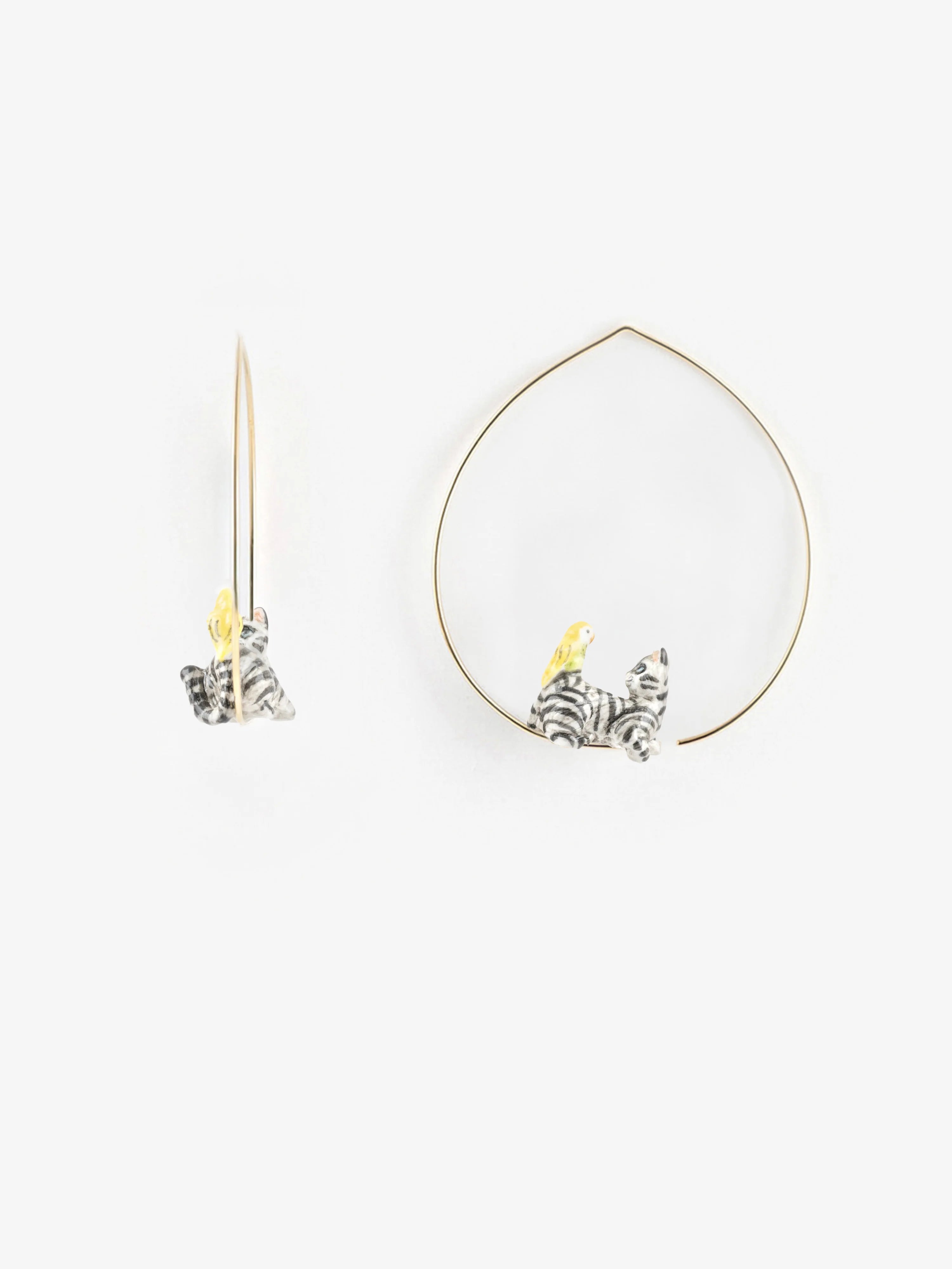Nach Bijoux Tabby Cat & Bird Porcelain Hoop Earrings