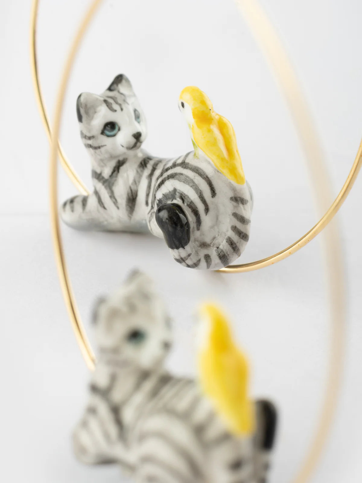 Tabby Cat & Bird Hoop Earrings