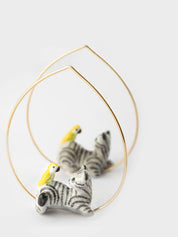 Tabby Cat & Bird Hoop Earrings