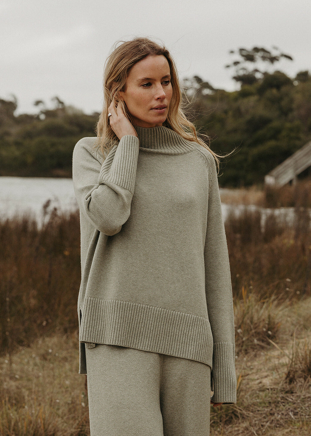 Talamaya Harmony Merino Cotton Mock Neck Pullover- Acacia