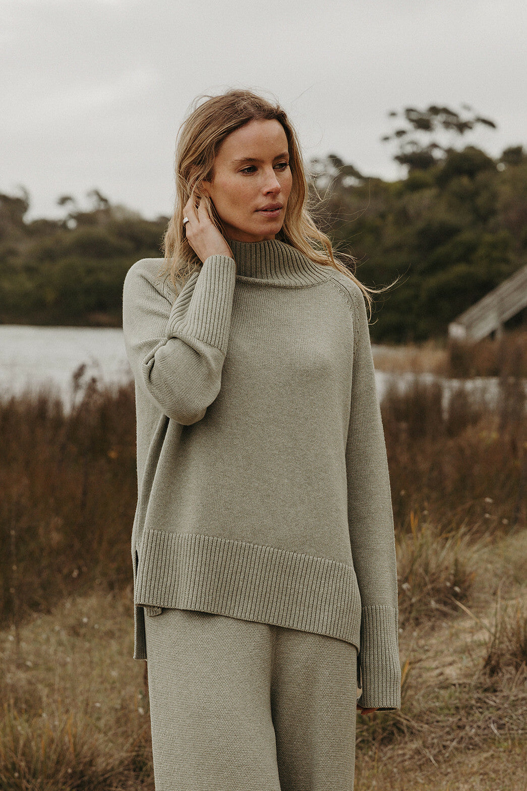 Talamaya Harmony Merino Cotton Mock Neck Pullover- Acacia