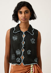 Nancybird Tuva Vest in Charcoal Embrooidered Cotton/Linen