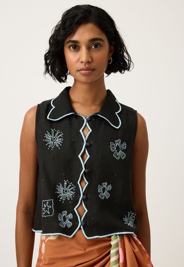 Nancybird Tuva Vest in Charcoal Embrooidered Cotton/Linen