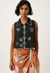Tuva Vest- Charcoal Embroidered