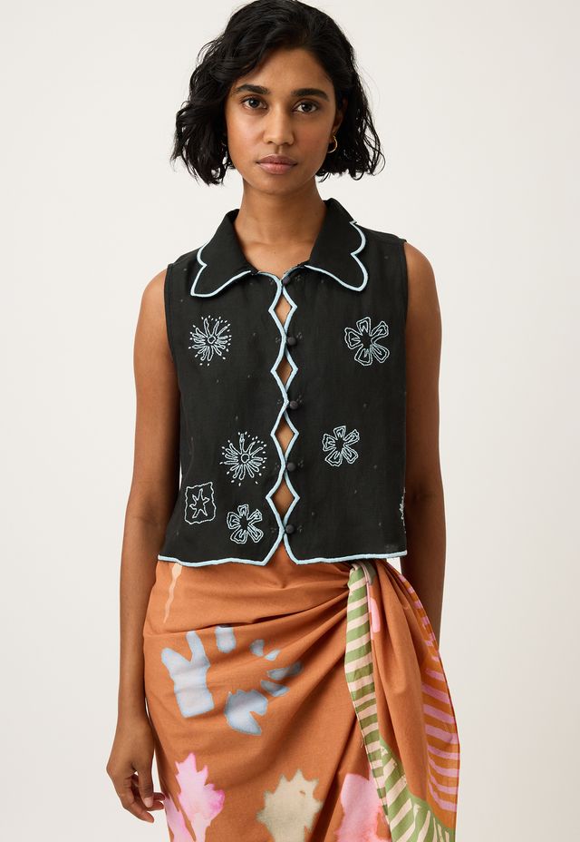 Tuva Vest- Charcoal Embroidered