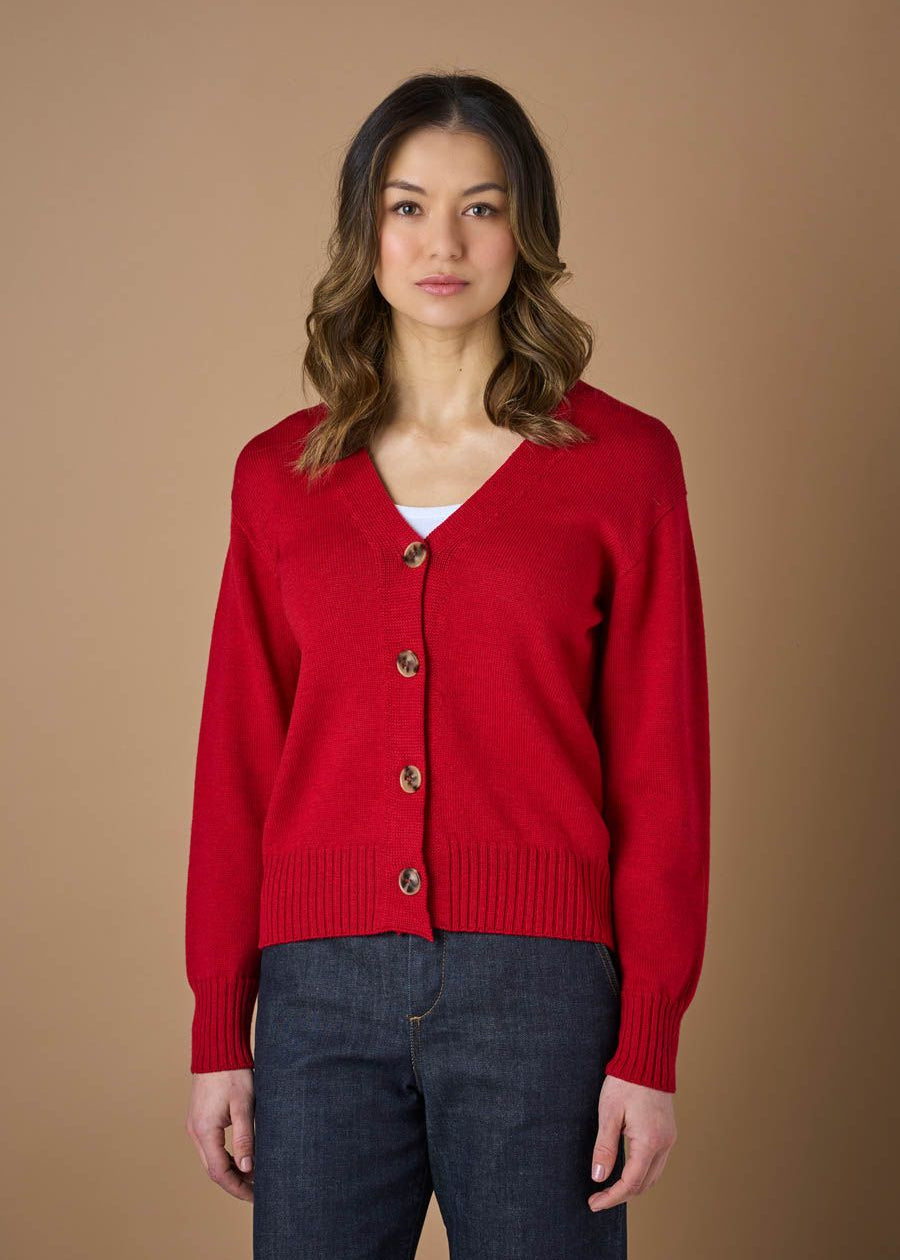 Uimi Agnes V Neck Merino Wool Cardigan in Poppy