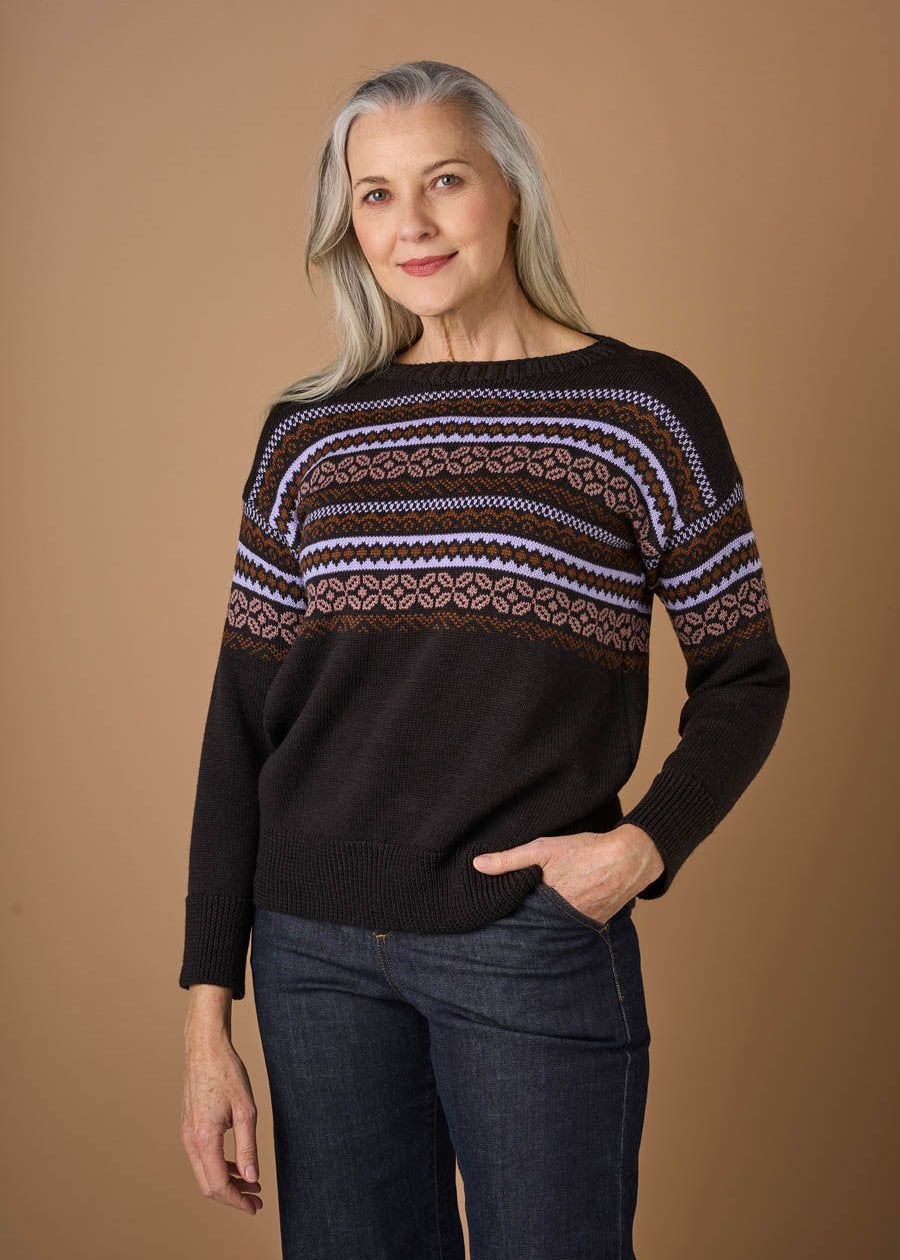 Uimi Dahlia Crew Neck Fairisle Merino Wool Jumper in Liquorice