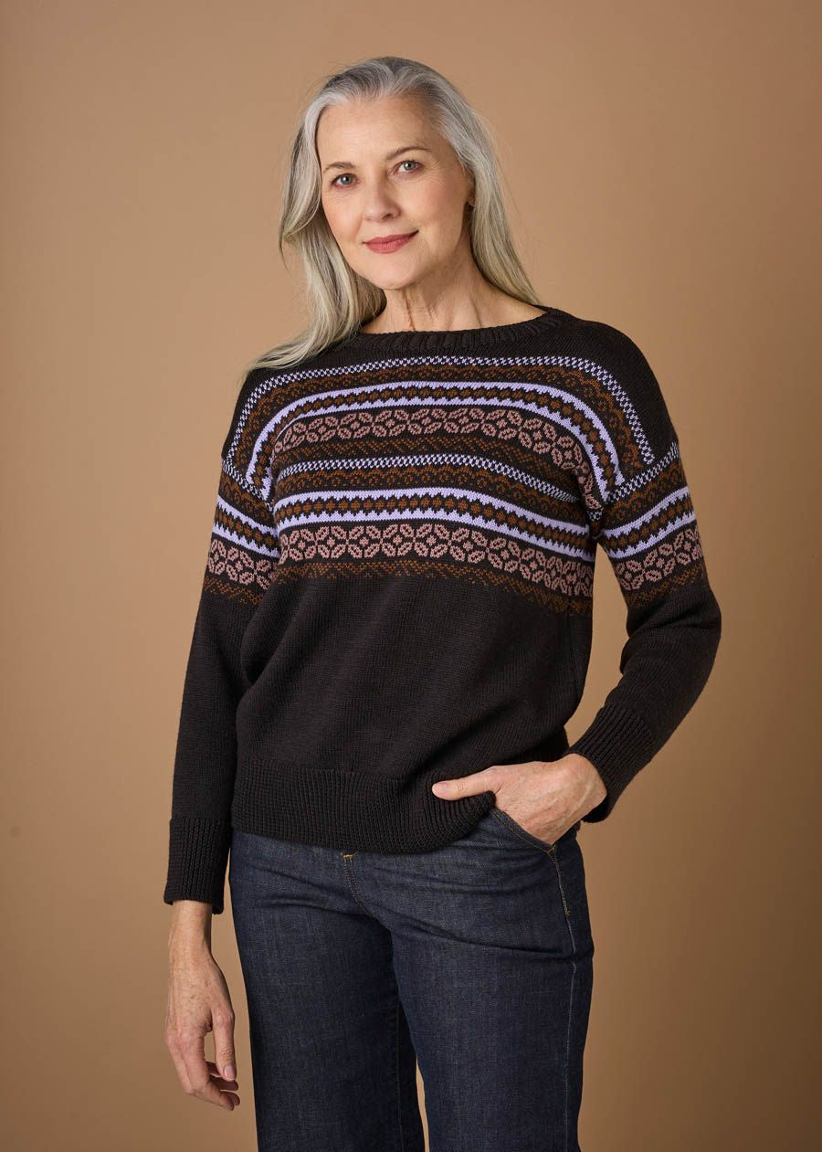 Uimi Dahlia Crew Neck Fairisle Merino Wool Jumper in Liquorice