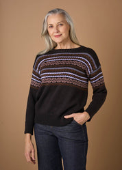 Uimi Dahlia Crew Neck Fairisle Merino Wool Jumper in Liquorice