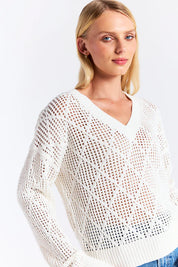 WISPR Diamond Pointelle V Neck Sweater in Ivory