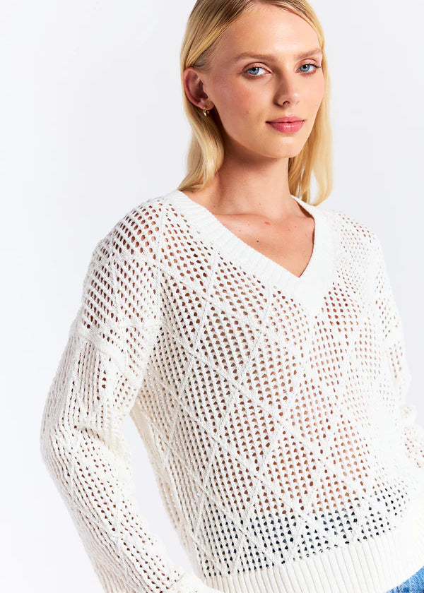 WISPR Diamond Pointelle V Neck Sweater in Ivory