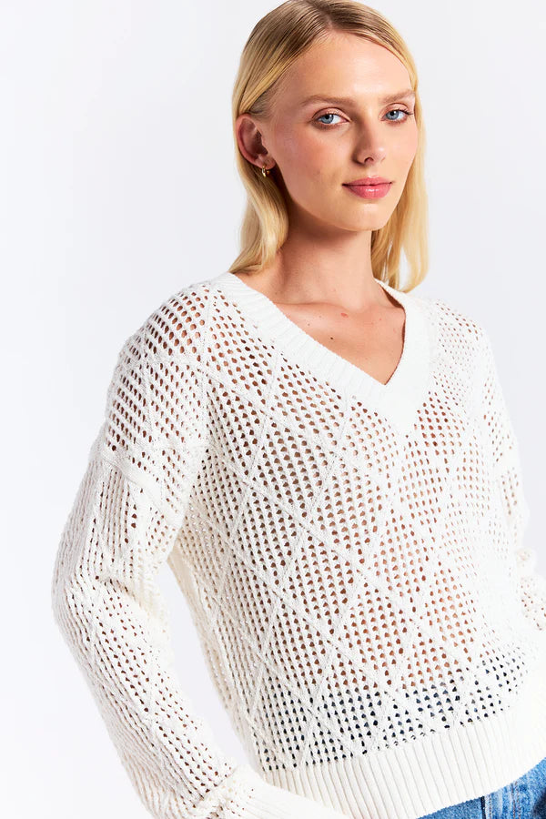 WISPR Diamond Pointelle V Neck Sweater in Ivory