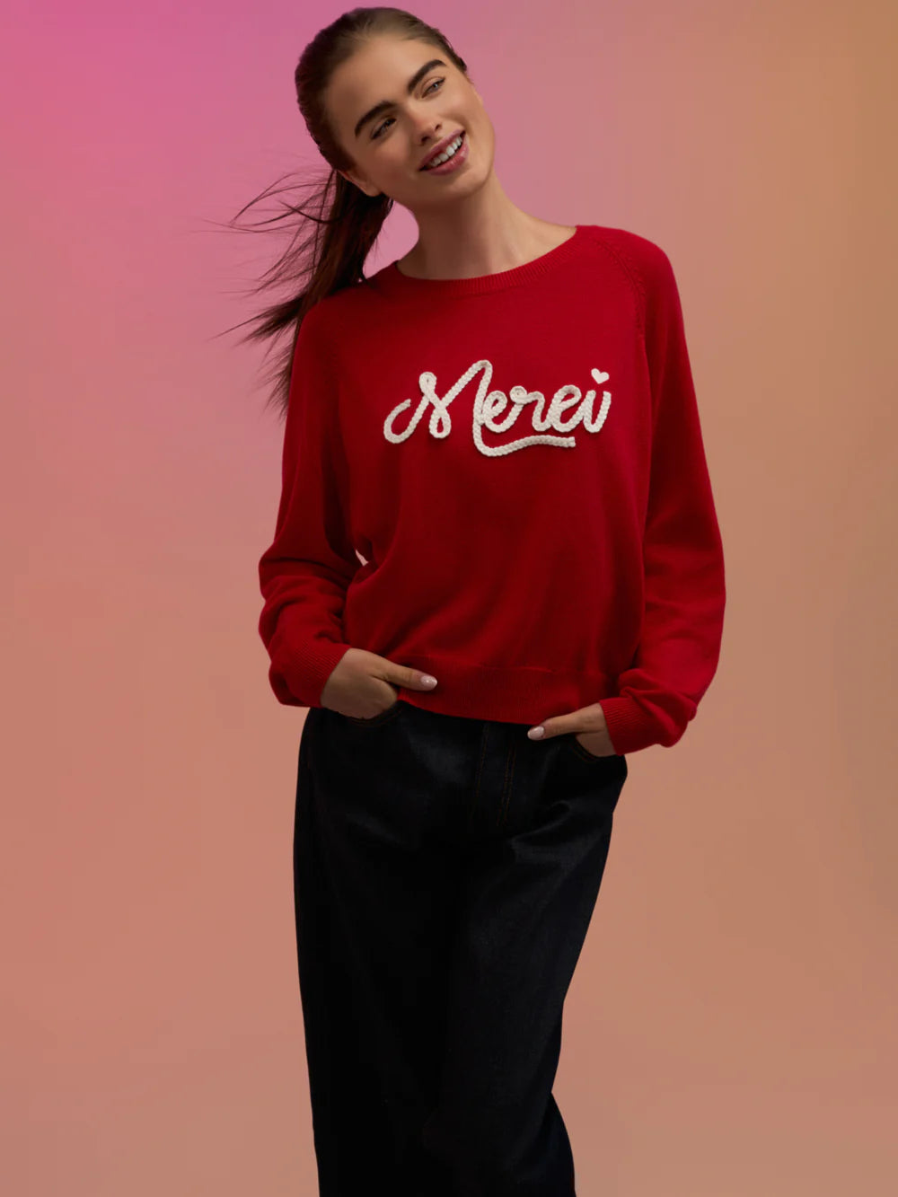 WISPR Merci Raglan Crew Cotton Sweater in Red