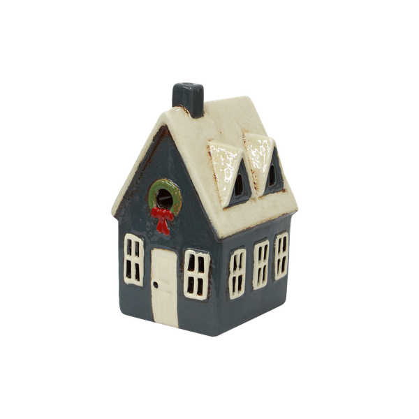 French Country Alsace Tealight Cottage Navy with Wreath