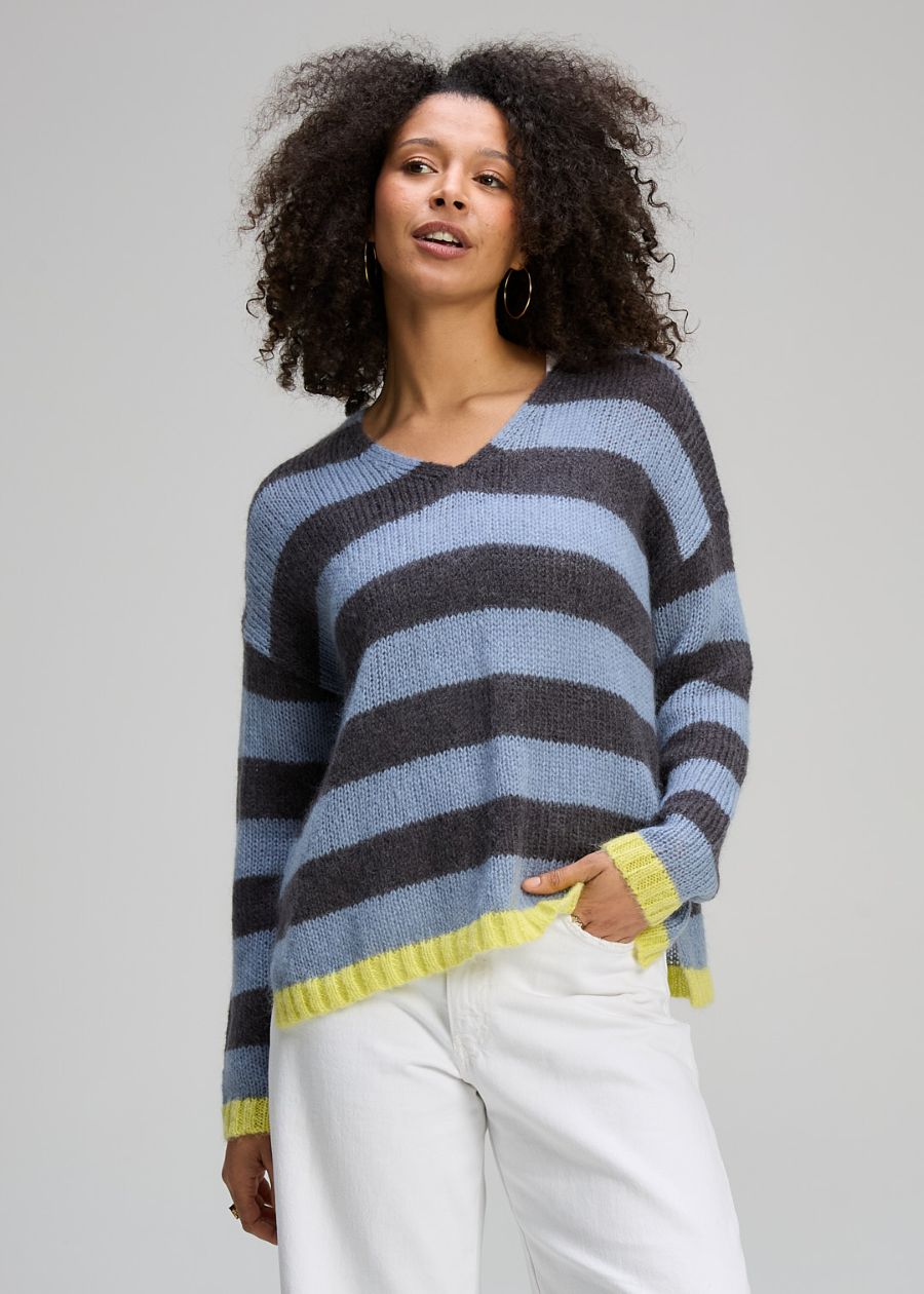 Zaket & Plover Cozy Kid Stripe V Neck Knit in Mist