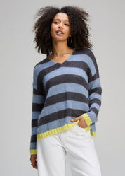 Zaket & Plover Cozy Kid Stripe V Neck Knit in Mist